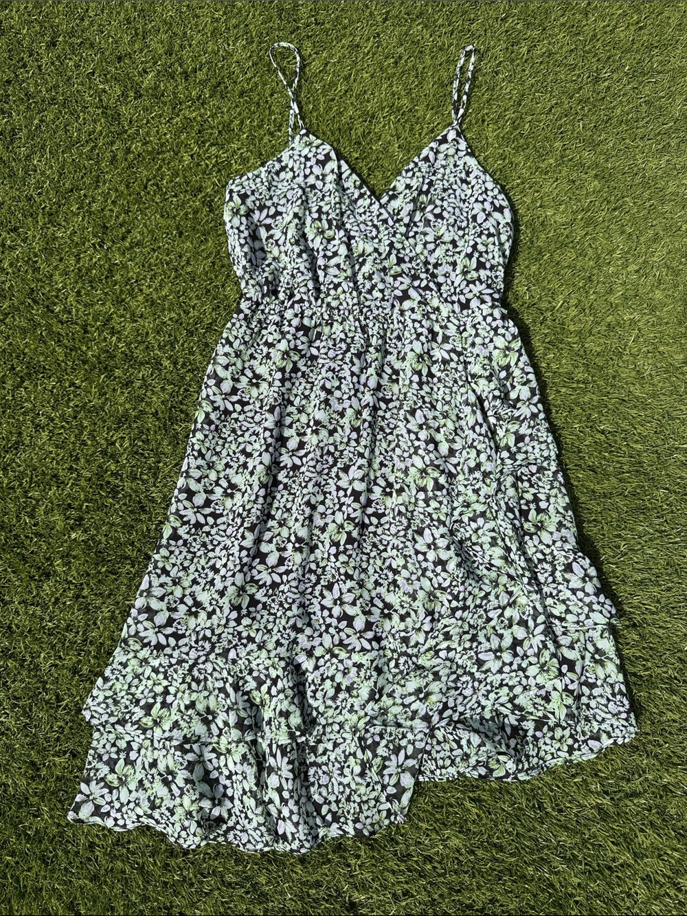 BCBGeneration Black Dress with Light Green and White Floral Print Asymmetrical